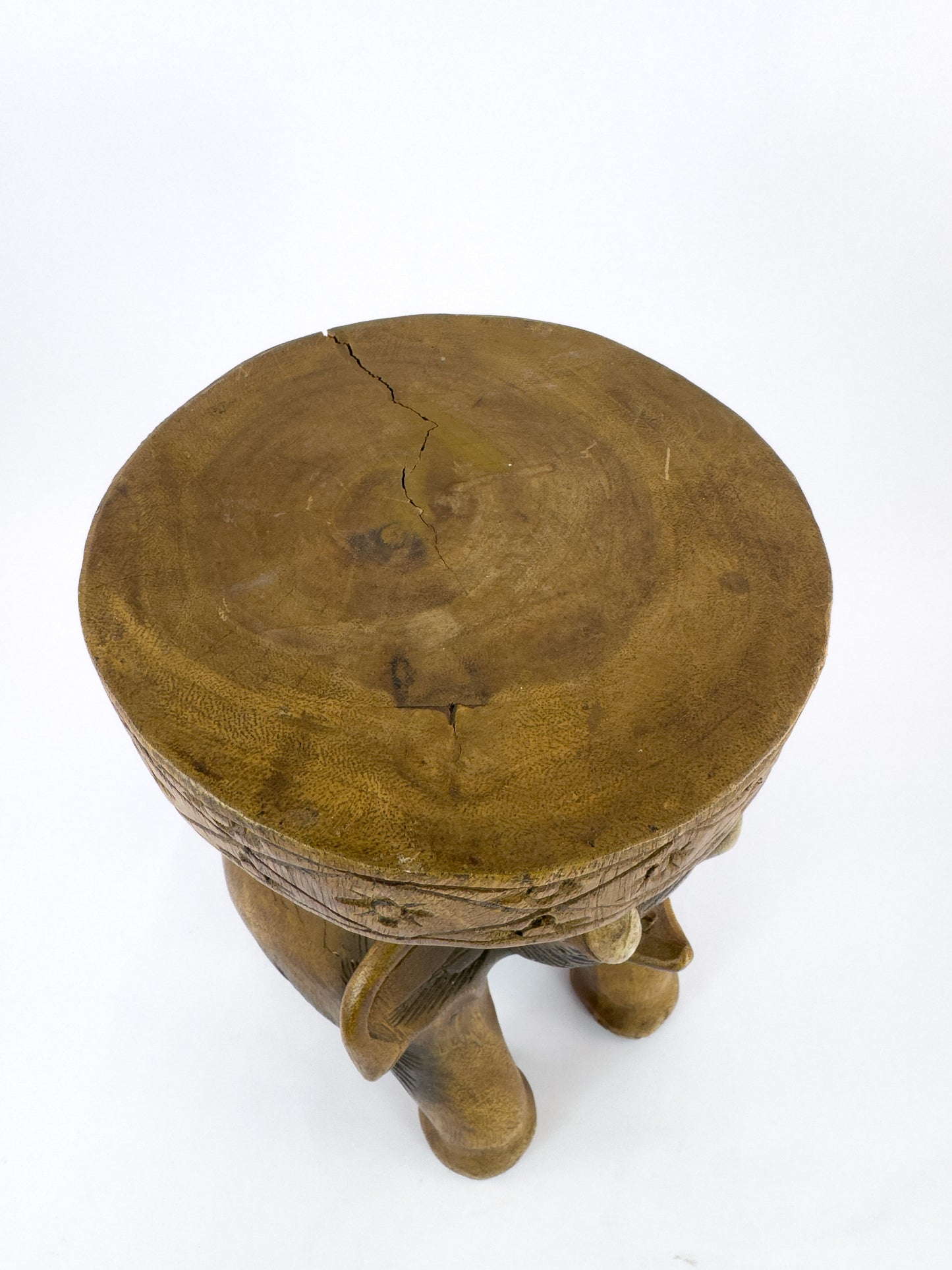 Vintage Hand-Carved Solid Hardwood Elephant Stool / Sculptural Folk Art Side Table