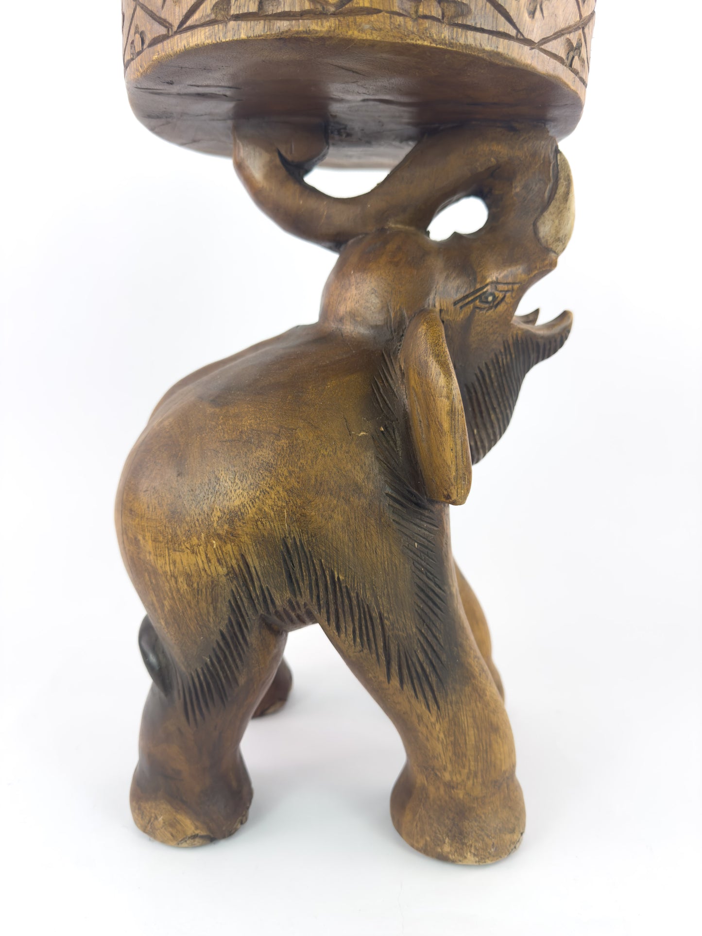 Vintage Hand-Carved Solid Hardwood Elephant Stool / Sculptural Folk Art Side Table