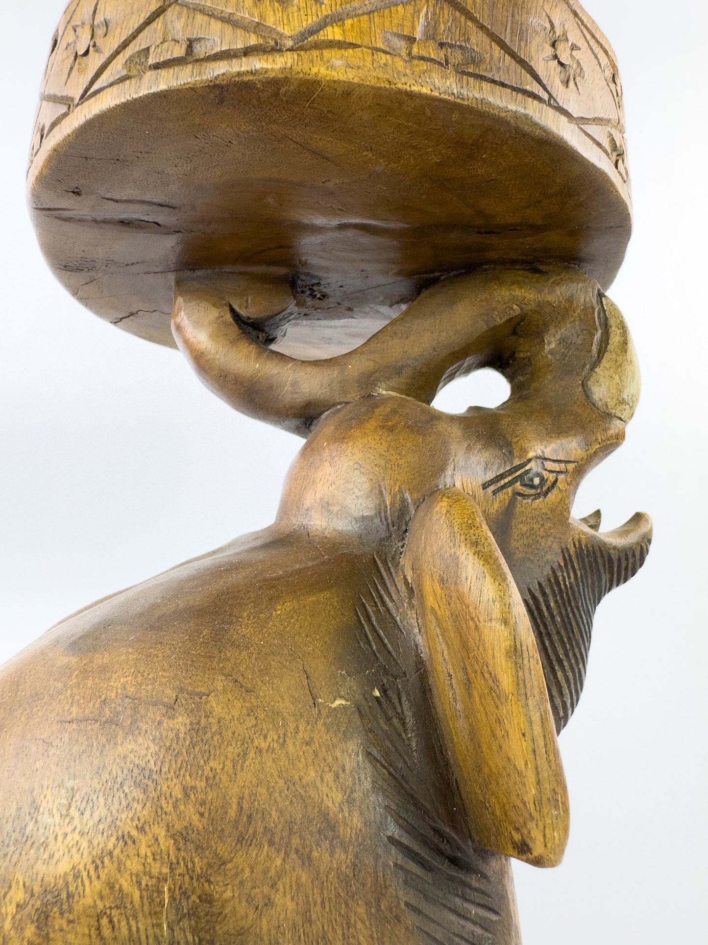Vintage Hand-Carved Solid Hardwood Elephant Stool / Sculptural Folk Art Side Table