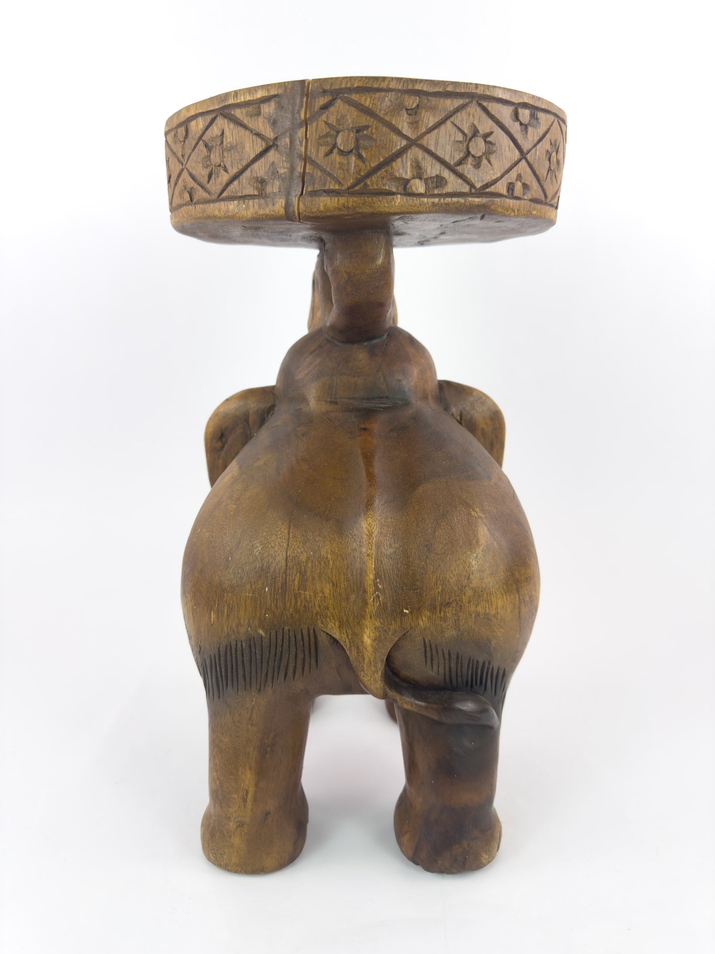Vintage Hand-Carved Solid Hardwood Elephant Stool / Sculptural Folk Art Side Table
