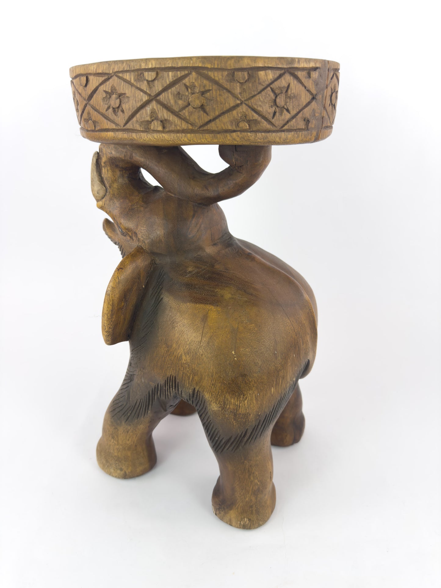 Vintage Hand-Carved Solid Hardwood Elephant Stool / Sculptural Folk Art Side Table