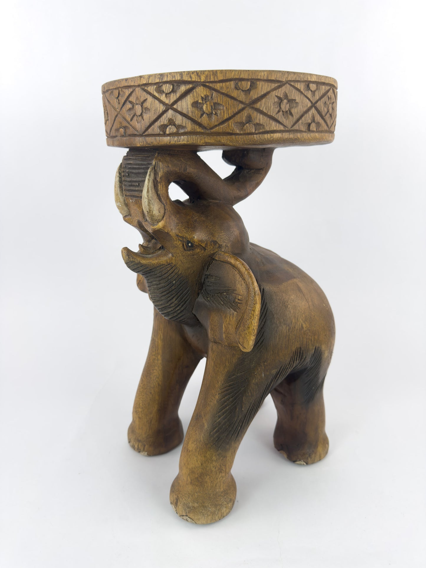 Vintage Hand-Carved Solid Hardwood Elephant Stool / Sculptural Folk Art Side Table