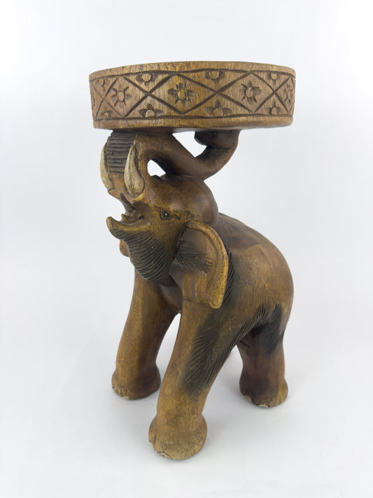 Vintage Hand-Carved Solid Hardwood Elephant Stool / Sculptural Folk Art Side Table