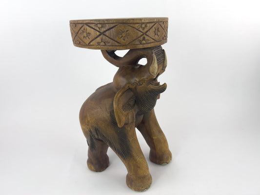 Vintage Hand-Carved Solid Hardwood Elephant Stool / Sculptural Folk Art Side Table