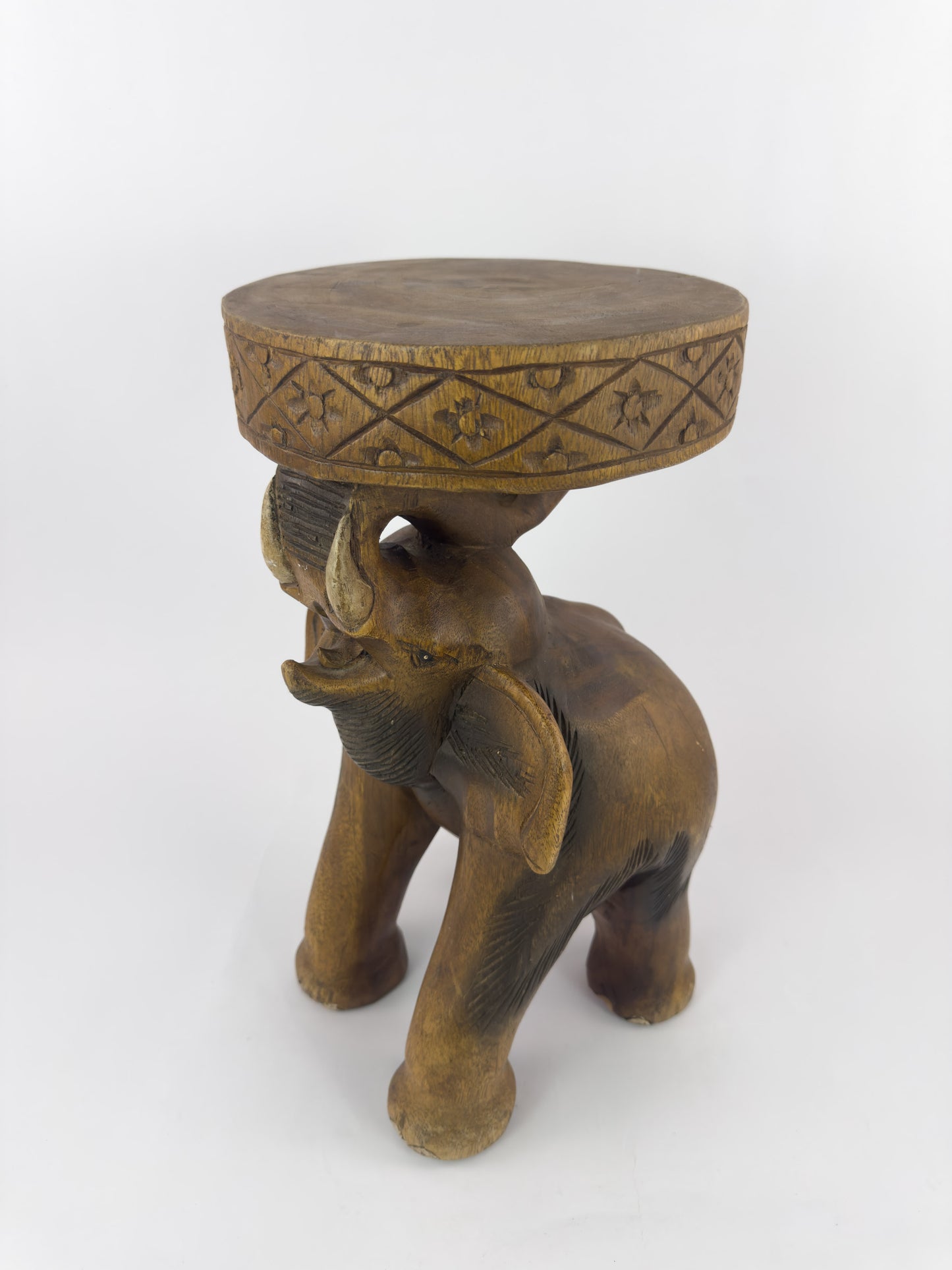 Vintage Hand-Carved Solid Hardwood Elephant Stool / Sculptural Folk Art Side Table