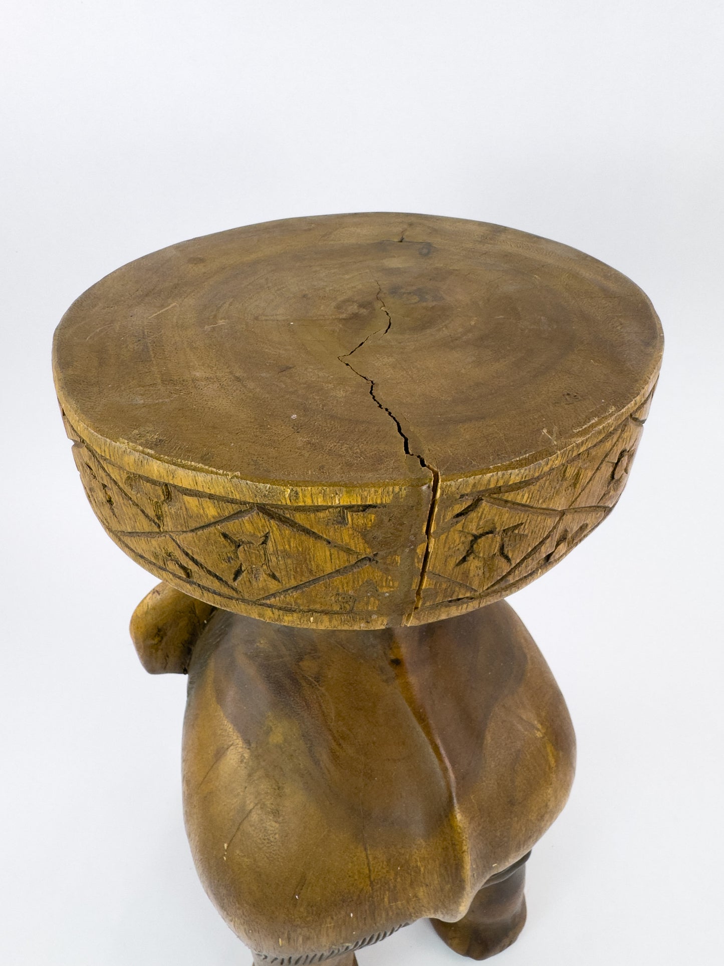 Vintage Hand-Carved Solid Hardwood Elephant Stool / Sculptural Folk Art Side Table
