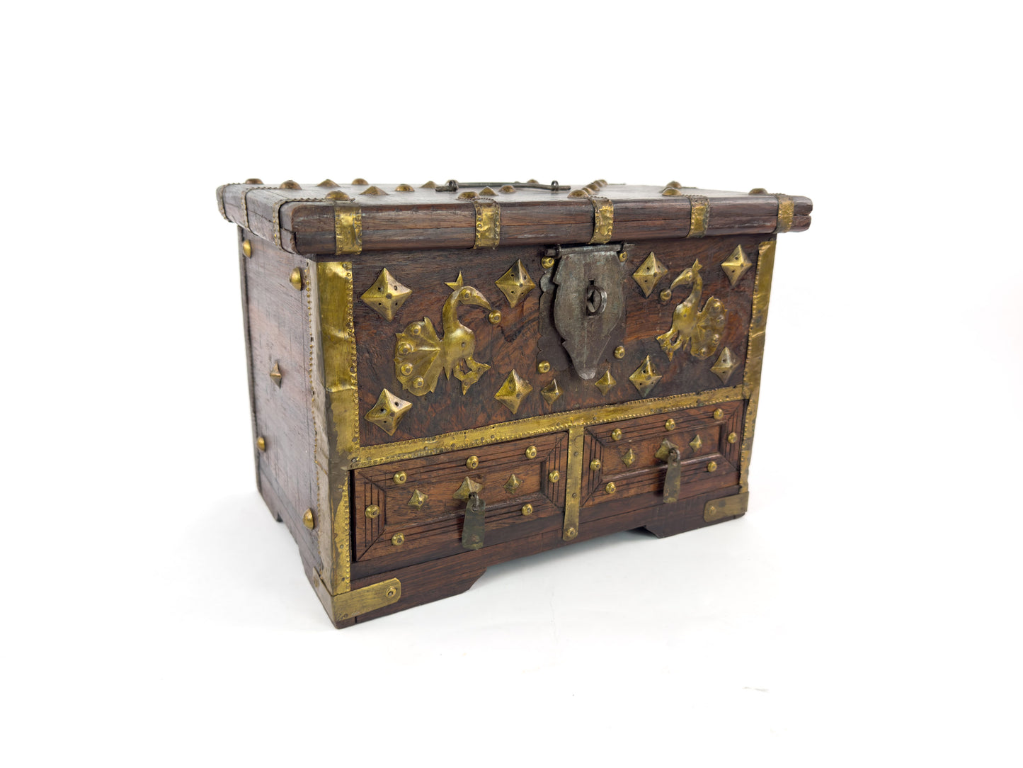 1950s Indian Rosewood & Brass Jewelry Chest With Hidden Drawers