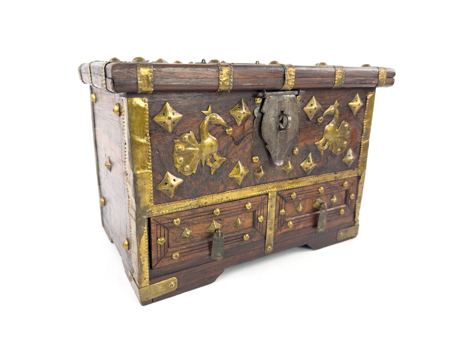 1950s Indian Rosewood & Brass Jewelry Chest With Hidden Drawers
