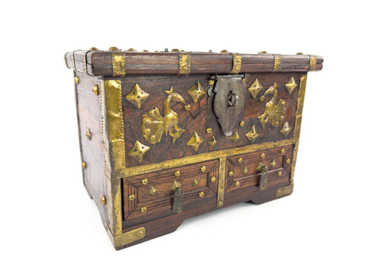 1950s Indian Rosewood & Brass Jewelry Chest With Hidden Drawers