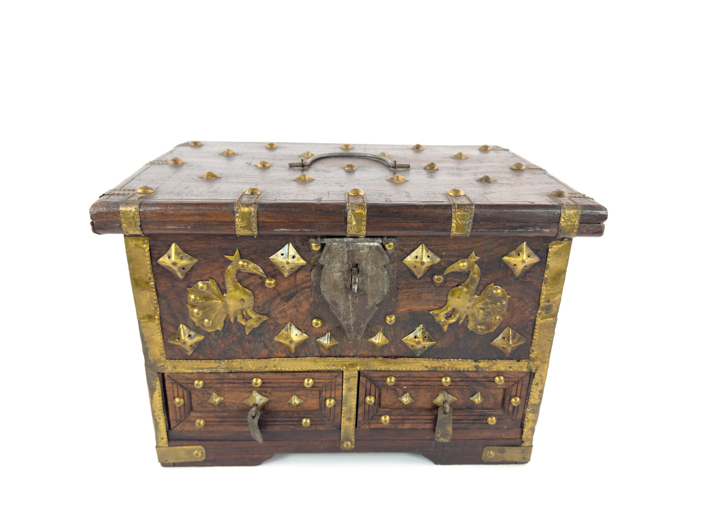 1950s Indian Rosewood & Brass Jewelry Chest With Hidden Drawers