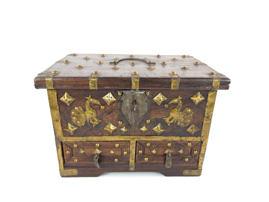 1950s Indian Rosewood & Brass Jewelry Chest With Hidden Drawers