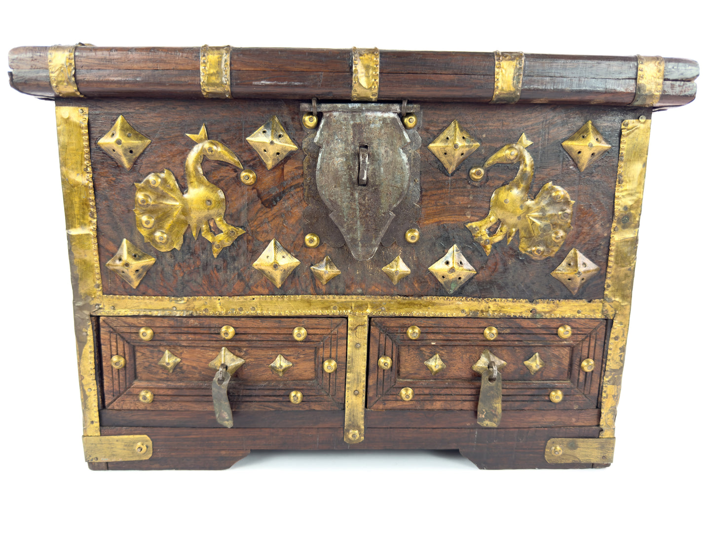 1950s Indian Rosewood & Brass Jewelry Chest With Hidden Drawers