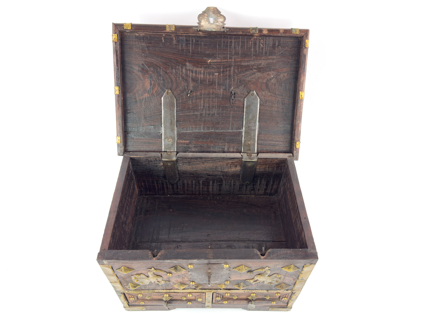 1950s Indian Rosewood & Brass Jewelry Chest With Hidden Drawers