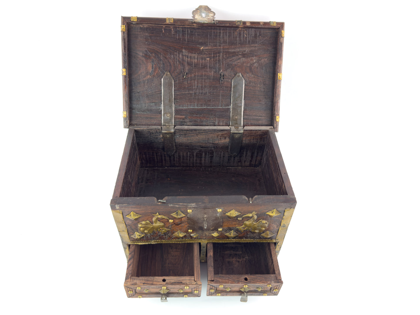 1950s Indian Rosewood & Brass Jewelry Chest With Hidden Drawers
