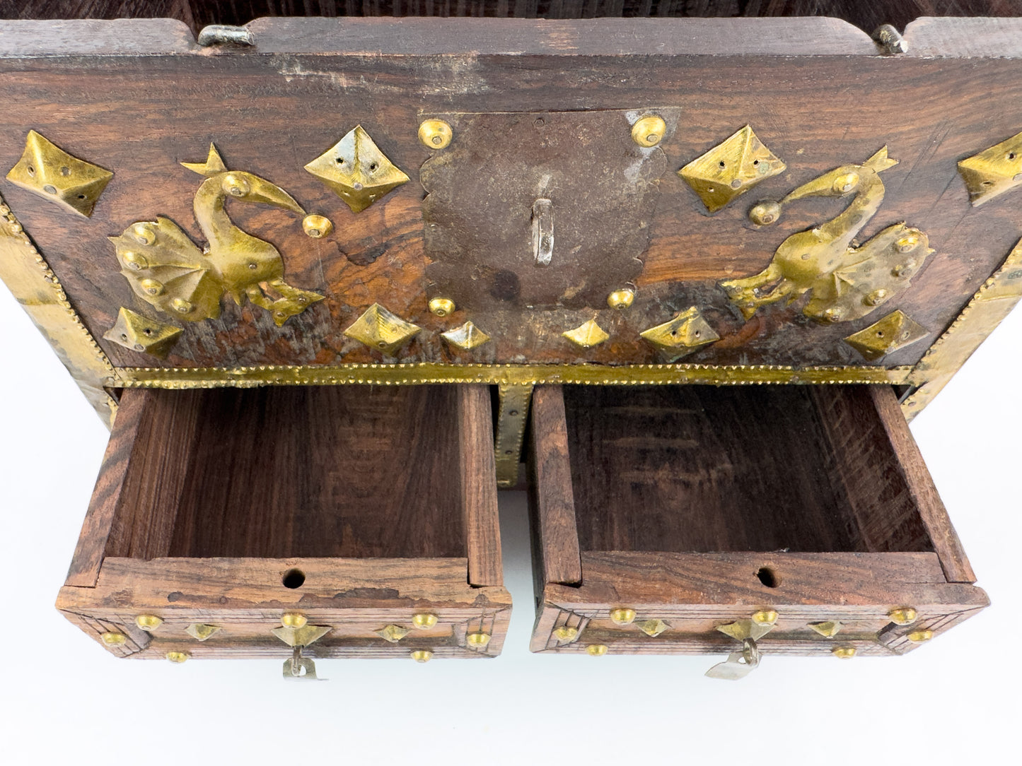 1950s Indian Rosewood & Brass Jewelry Chest With Hidden Drawers