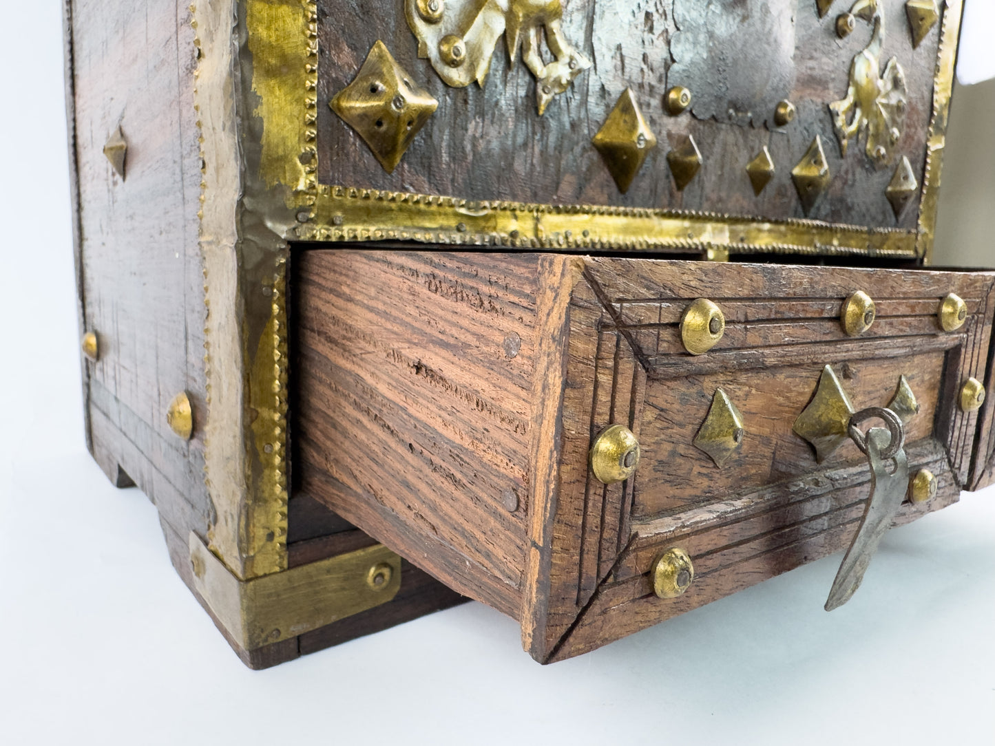 1950s Indian Rosewood & Brass Jewelry Chest With Hidden Drawers