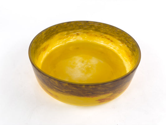 Signed Degué Art Deco Marbled Glass Centerpiece Bowl in Wrought Iron Mount, France 1930s