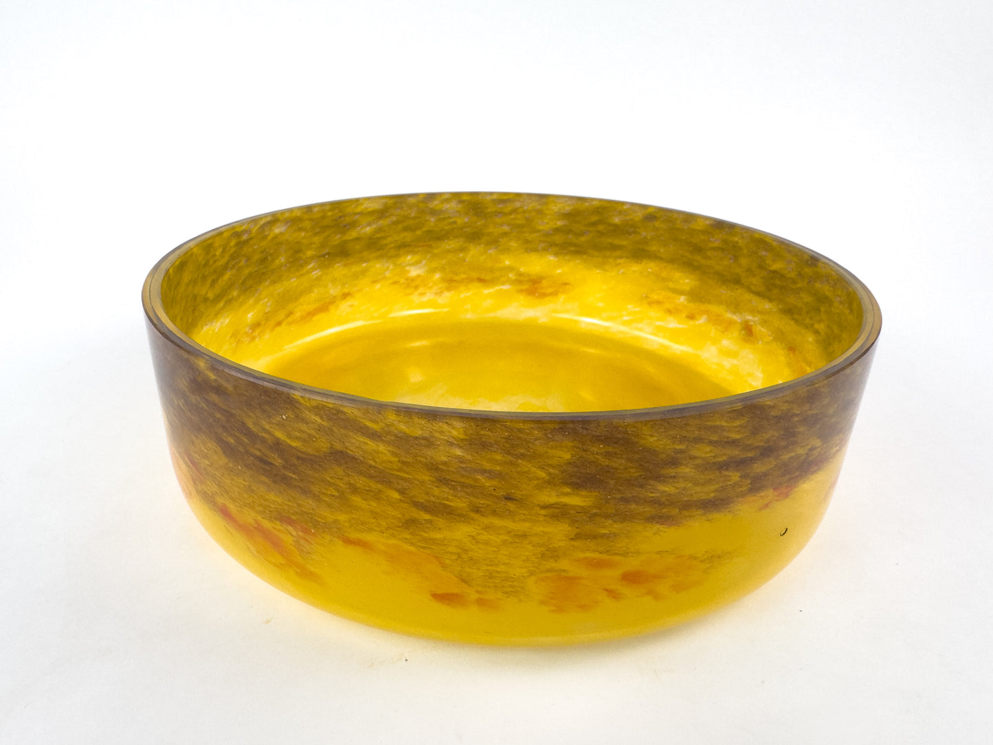 Signed Degué Art Deco Marbled Glass Centerpiece Bowl in Wrought Iron Mount, France 1930s