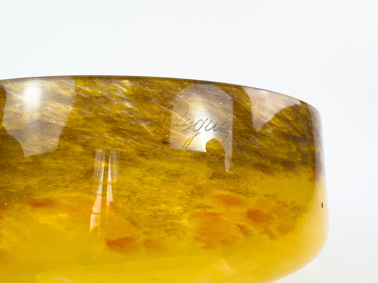 Signed Degué Art Deco Marbled Glass Centerpiece Bowl in Wrought Iron Mount, France 1930s