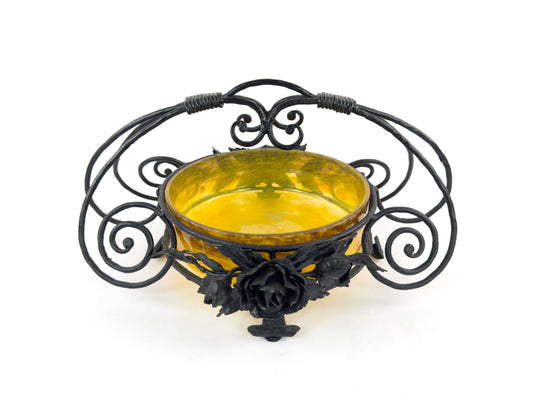 Signed Degué Art Deco Marbled Glass Centerpiece Bowl in Wrought Iron Mount, France 1930s