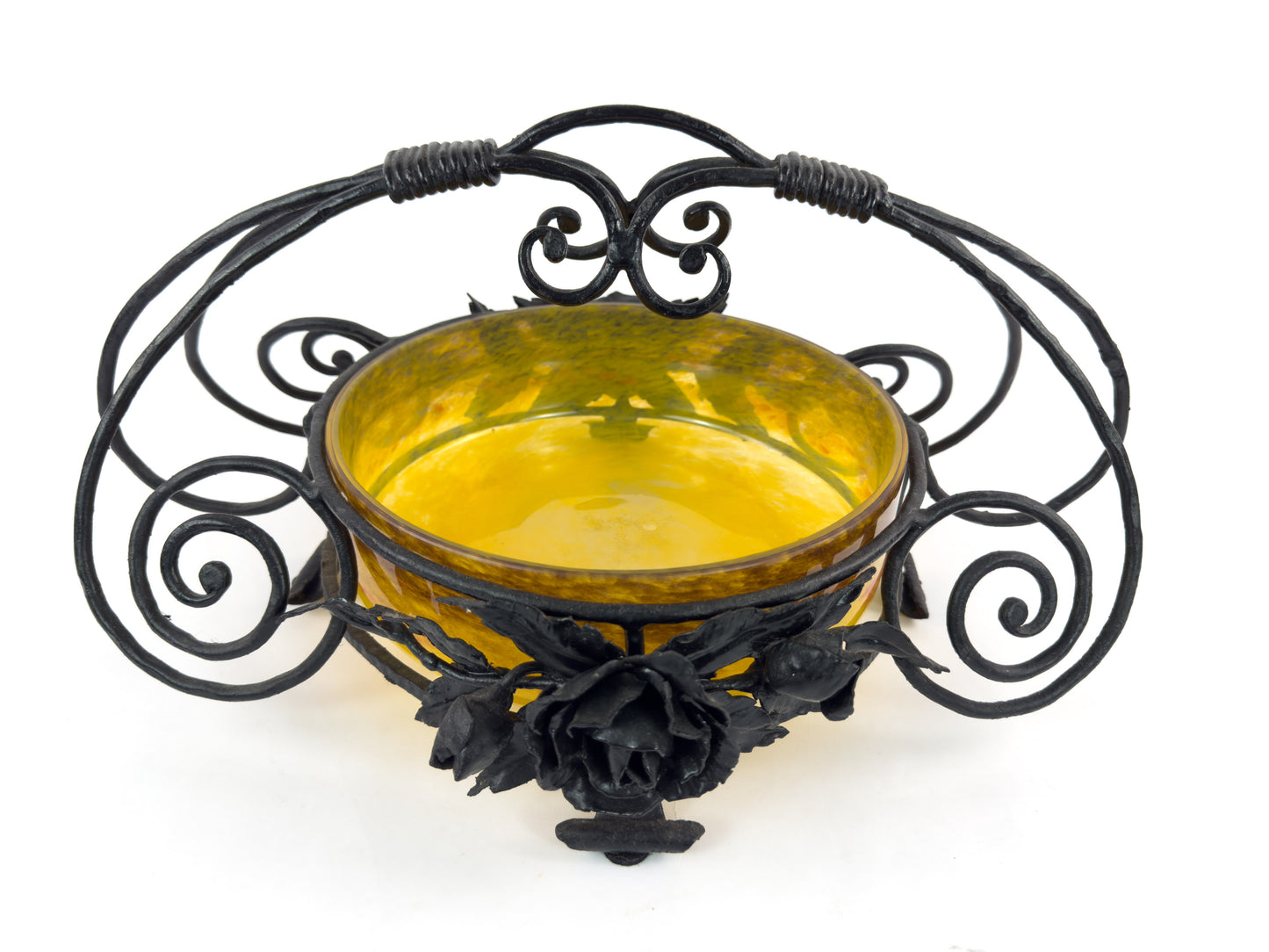 Signed Degué Art Deco Marbled Glass Centerpiece Bowl in Wrought Iron Mount, France 1930s