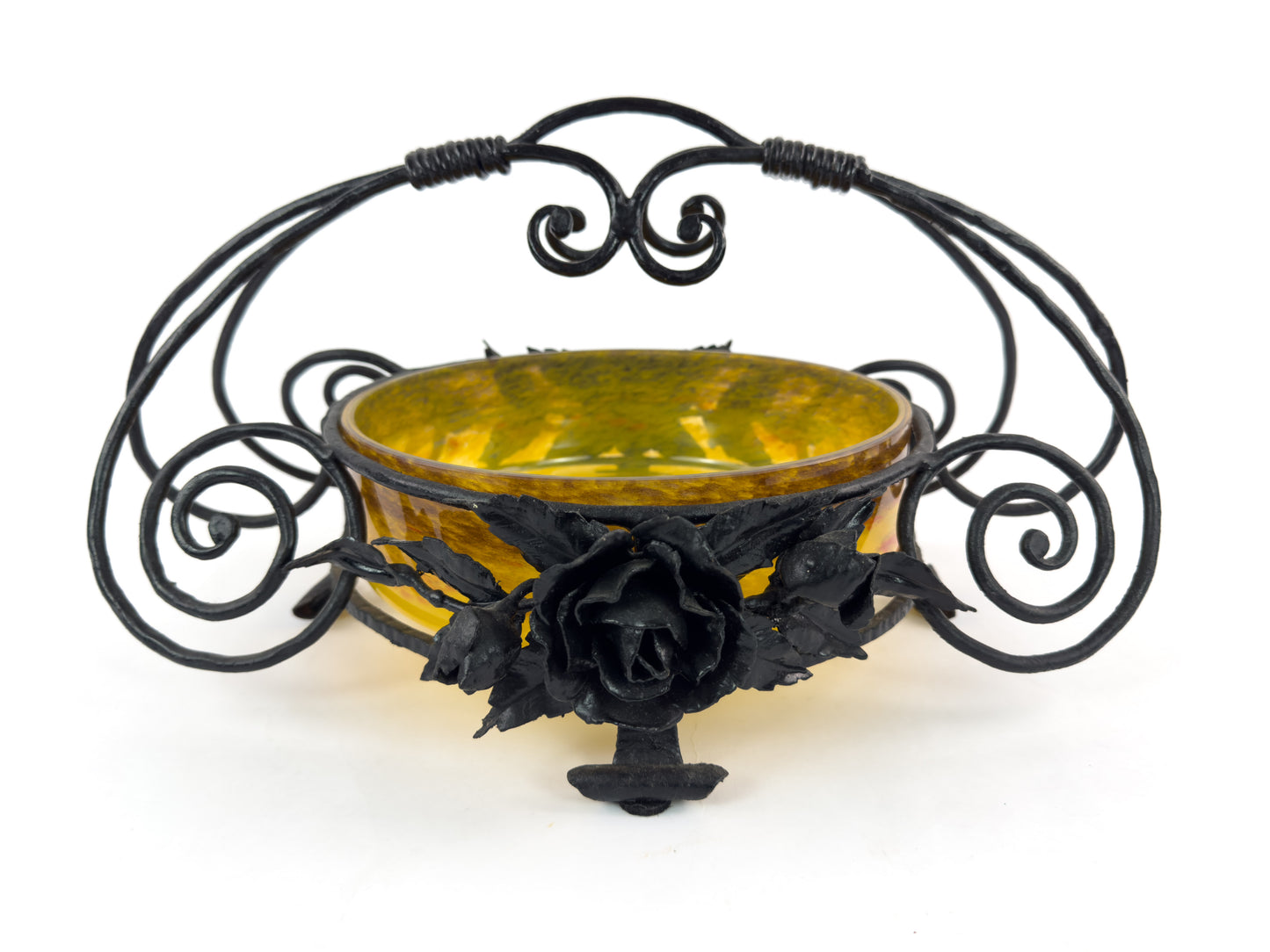 Signed Degué Art Deco Marbled Glass Centerpiece Bowl in Wrought Iron Mount, France 1930s