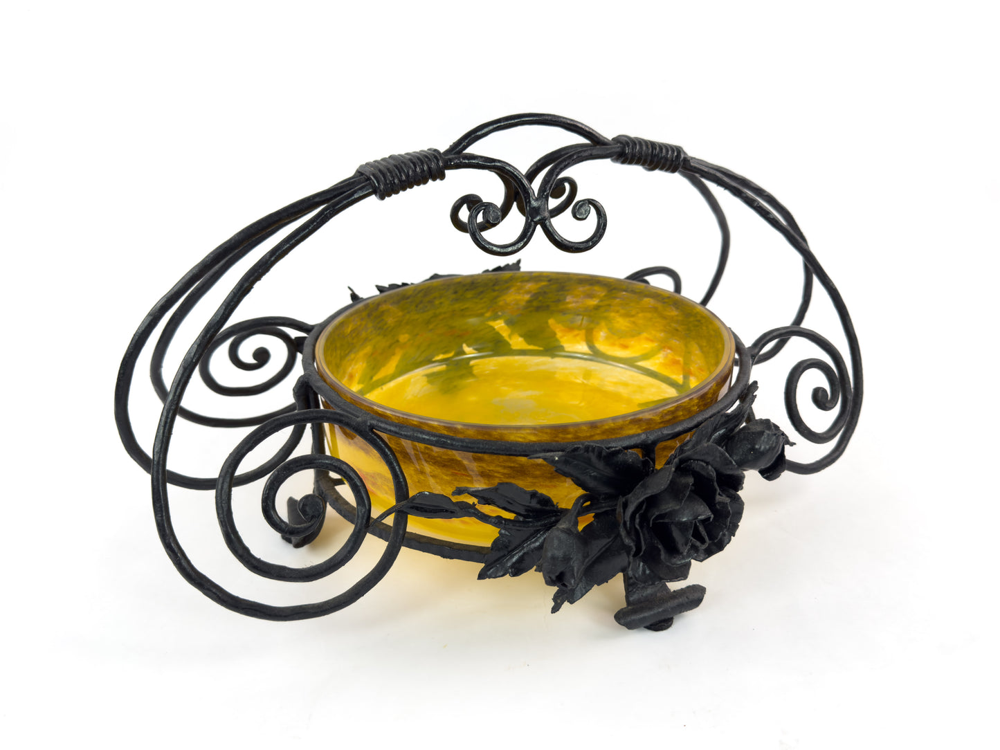 Signed Degué Art Deco Marbled Glass Centerpiece Bowl in Wrought Iron Mount, France 1930s