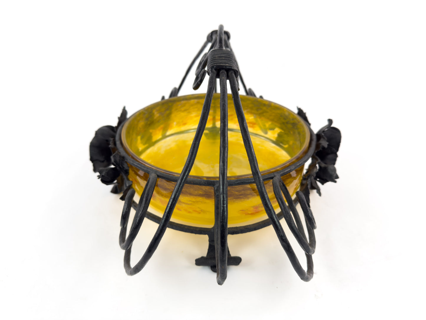 Signed Degué Art Deco Marbled Glass Centerpiece Bowl in Wrought Iron Mount, France 1930s