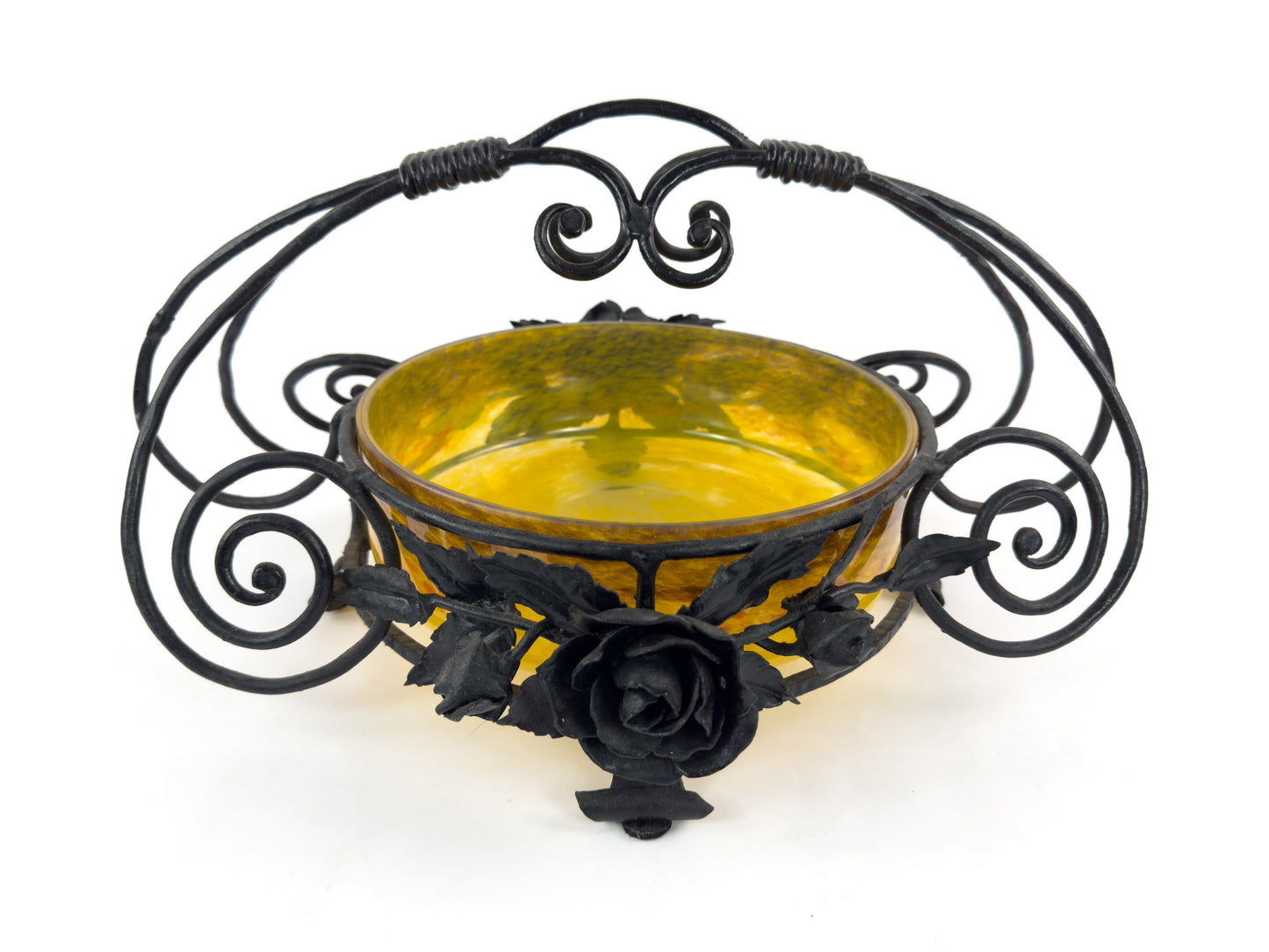 Signed Degué Art Deco Marbled Glass Centerpiece Bowl in Wrought Iron Mount, France 1930s