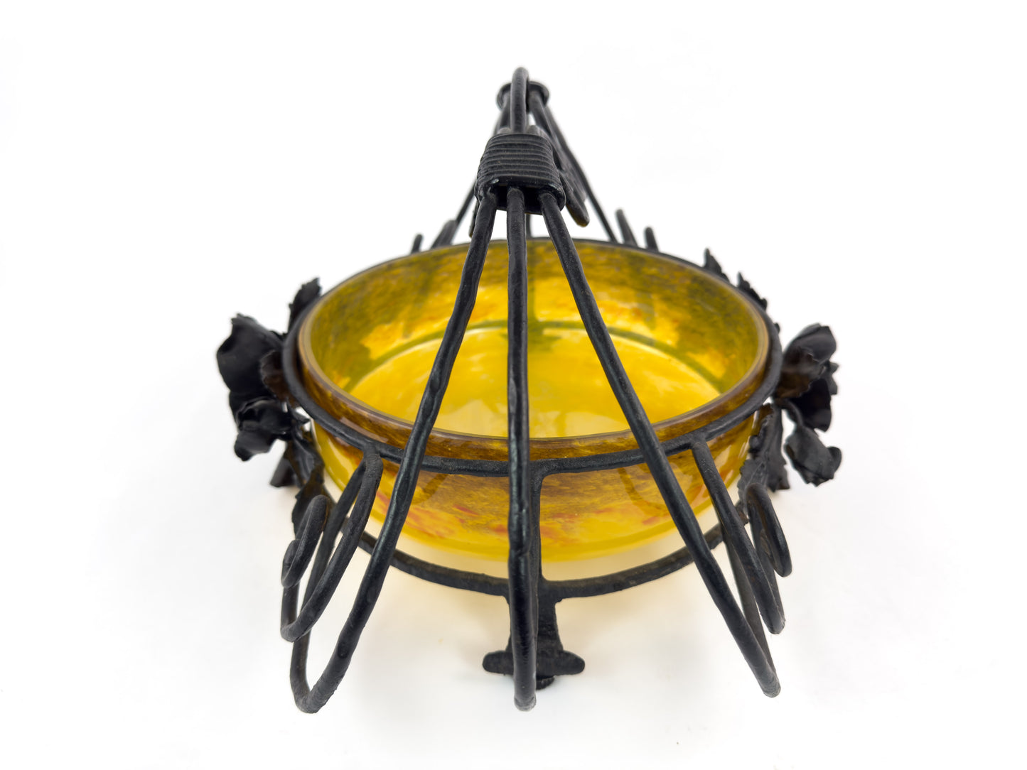Signed Degué Art Deco Marbled Glass Centerpiece Bowl in Wrought Iron Mount, France 1930s