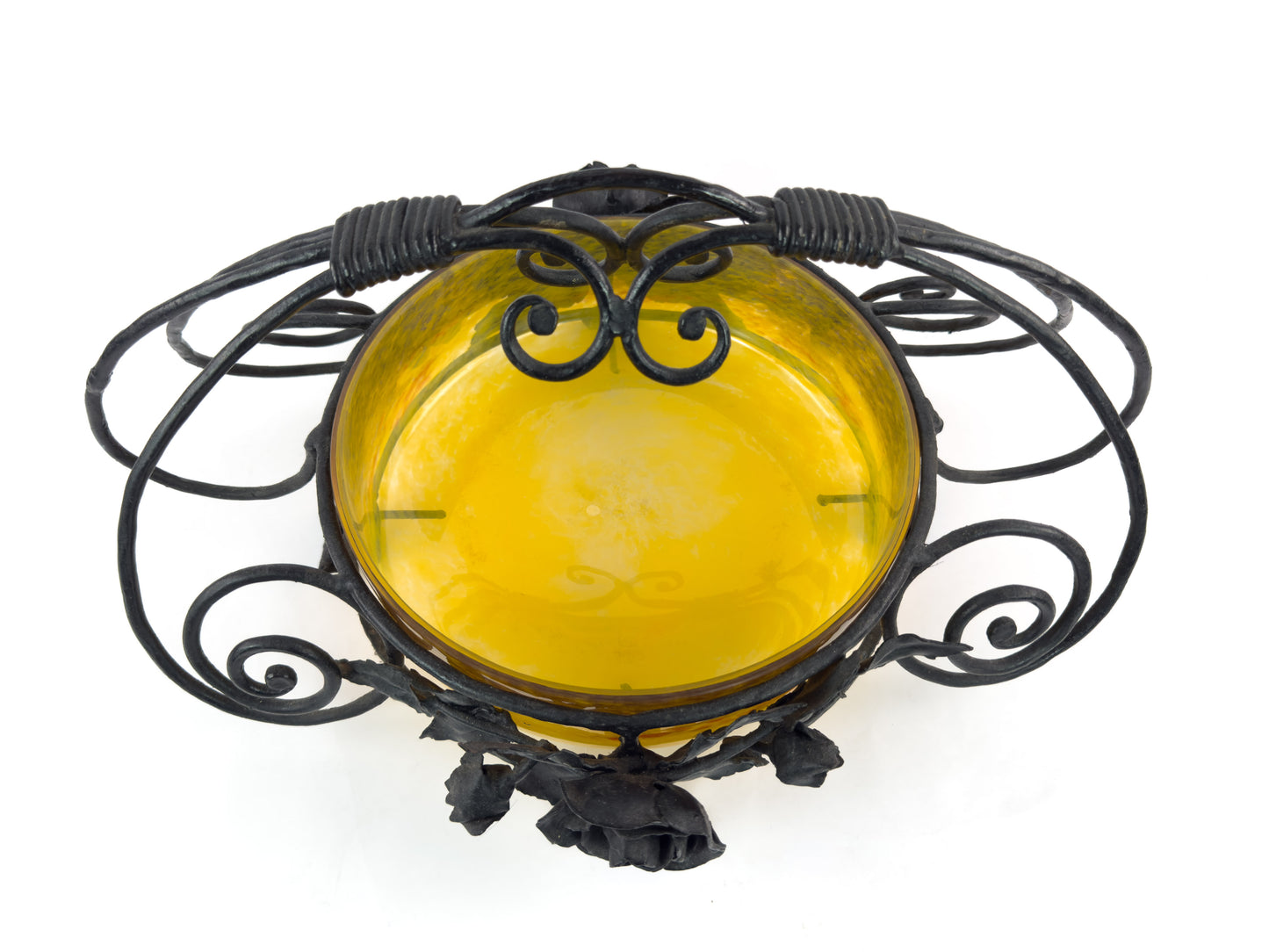 Signed Degué Art Deco Marbled Glass Centerpiece Bowl in Wrought Iron Mount, France 1930s