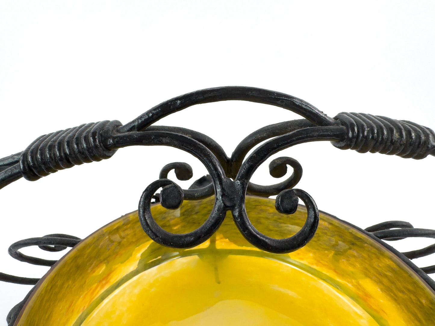 Signed Degué Art Deco Marbled Glass Centerpiece Bowl in Wrought Iron Mount, France 1930s