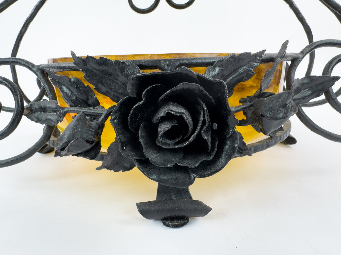 Signed Degué Art Deco Marbled Glass Centerpiece Bowl in Wrought Iron Mount, France 1930s