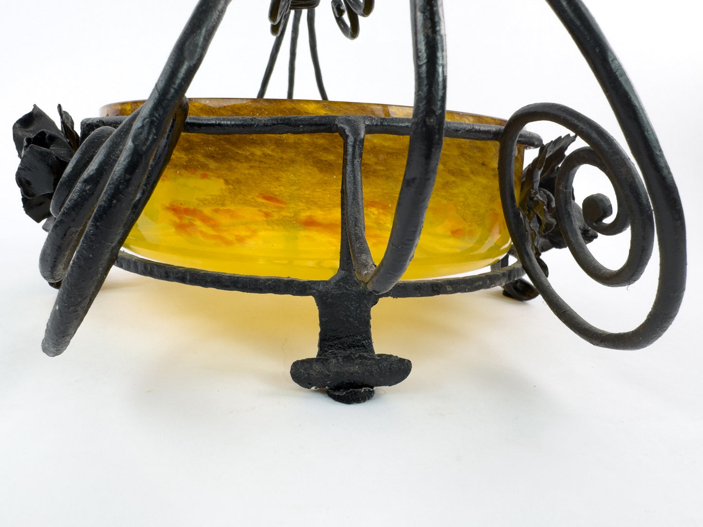 Signed Degué Art Deco Marbled Glass Centerpiece Bowl in Wrought Iron Mount, France 1930s