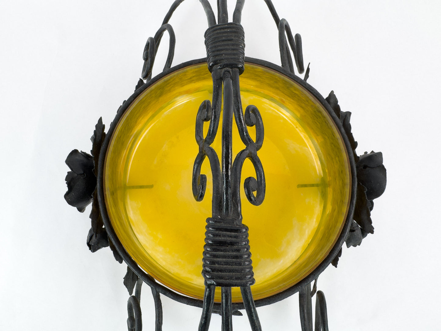 Signed Degué Art Deco Marbled Glass Centerpiece Bowl in Wrought Iron Mount, France 1930s