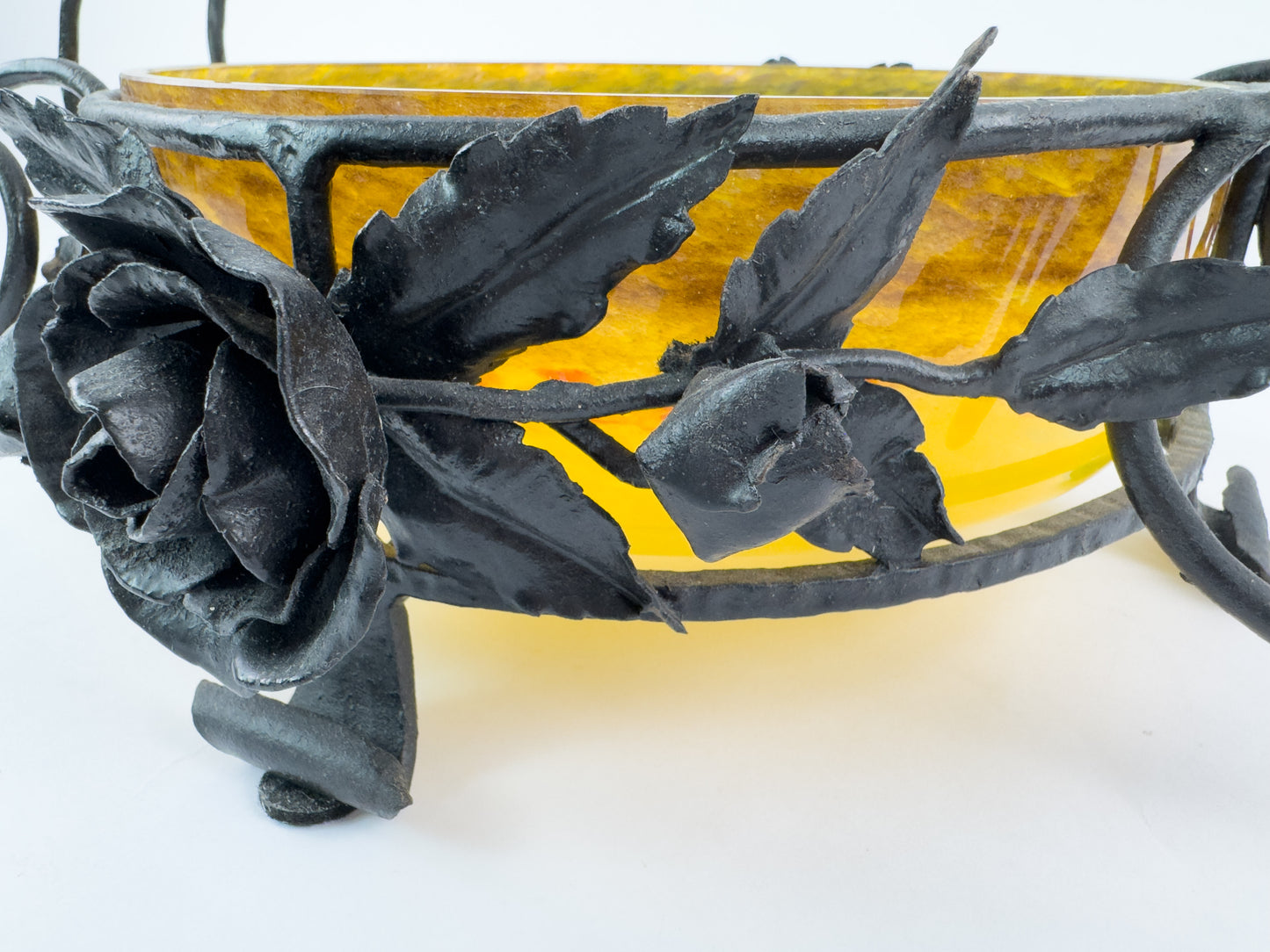 Signed Degué Art Deco Marbled Glass Centerpiece Bowl in Wrought Iron Mount, France 1930s