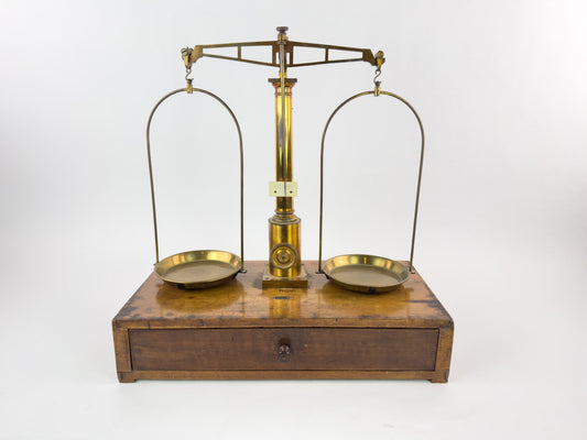 Antique Laboratory Precision Balance Scale, Brass & Wooden Base, Germany, circa 1900