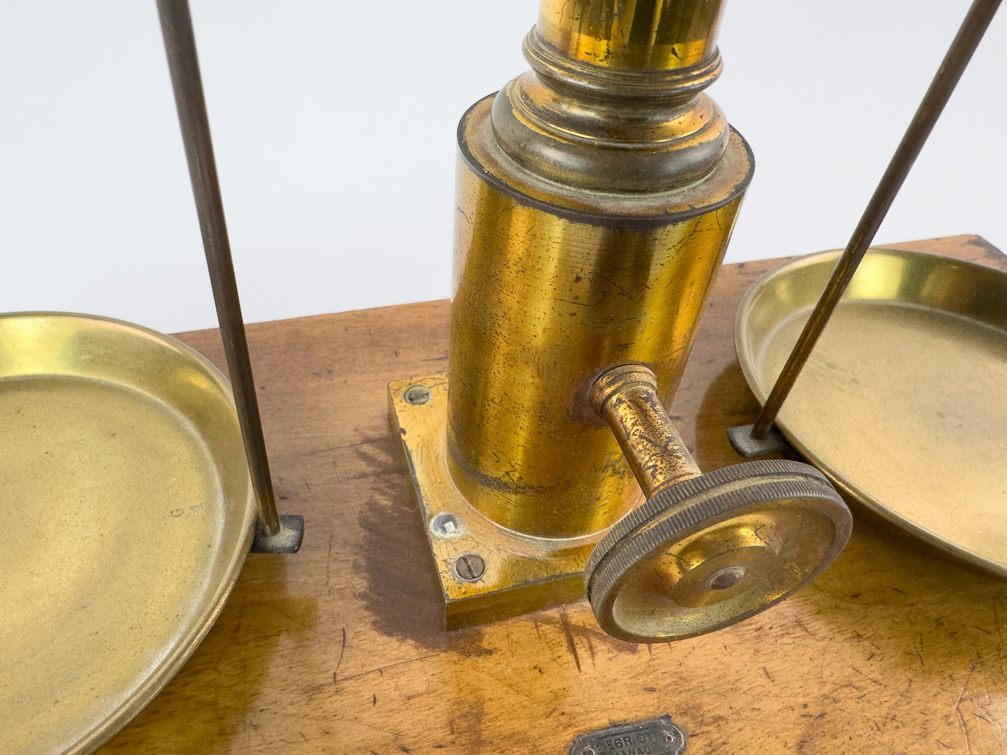 Antique Laboratory Precision Balance Scale, Brass & Wooden Base, Germany, circa 1900