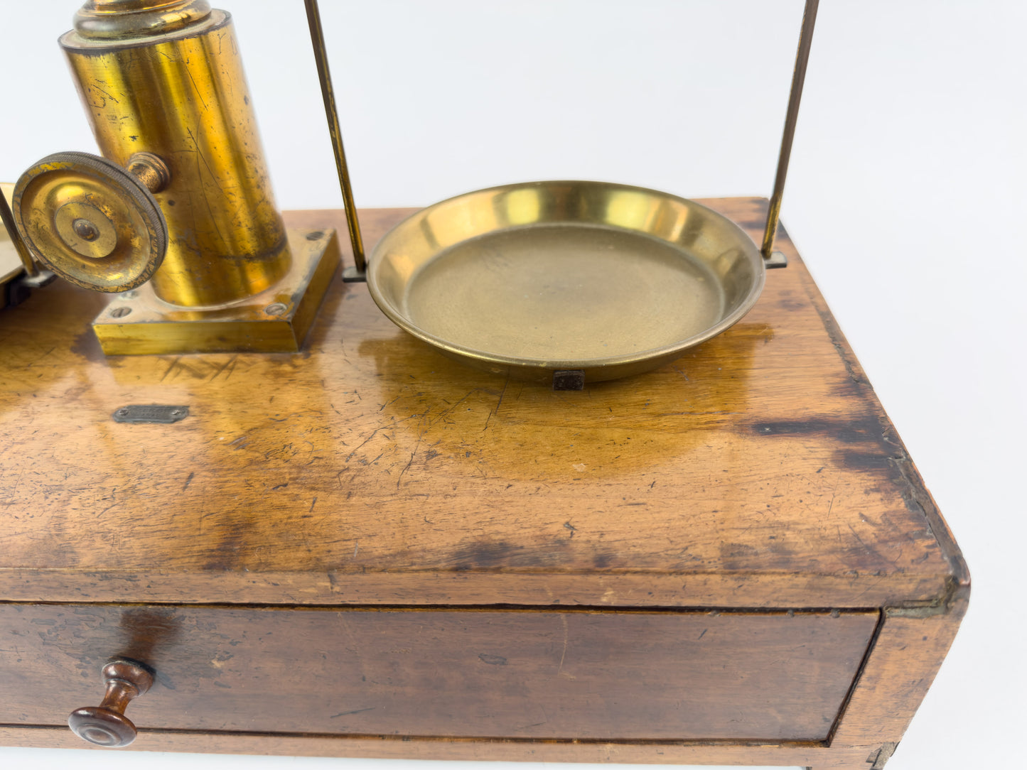 Antique Laboratory Precision Balance Scale, Brass & Wooden Base, Germany, circa 1900