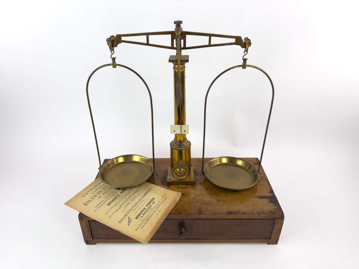 Antique Laboratory Precision Balance Scale, Brass & Wooden Base, Germany, circa 1900