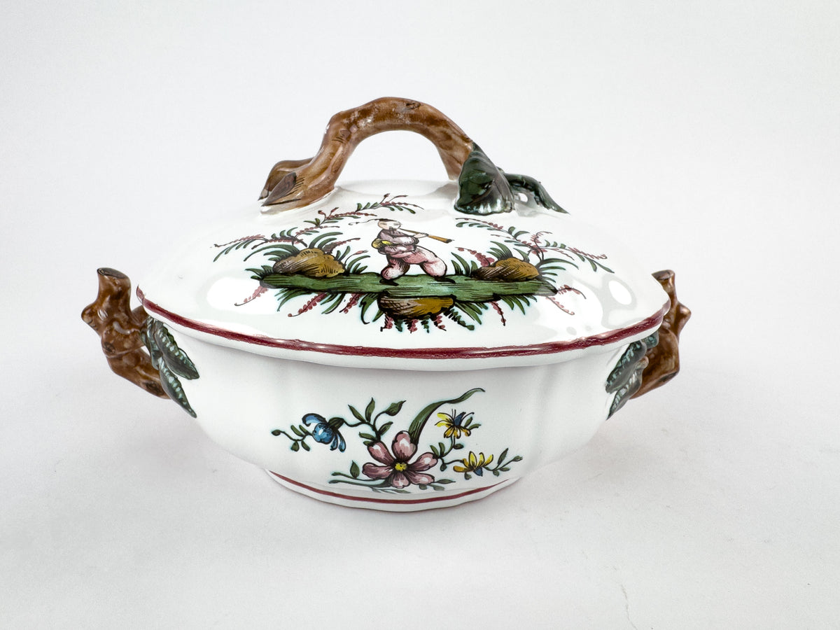 Vintage French Lallier Moustiers Faience Lidded Bowl with Branch Handles