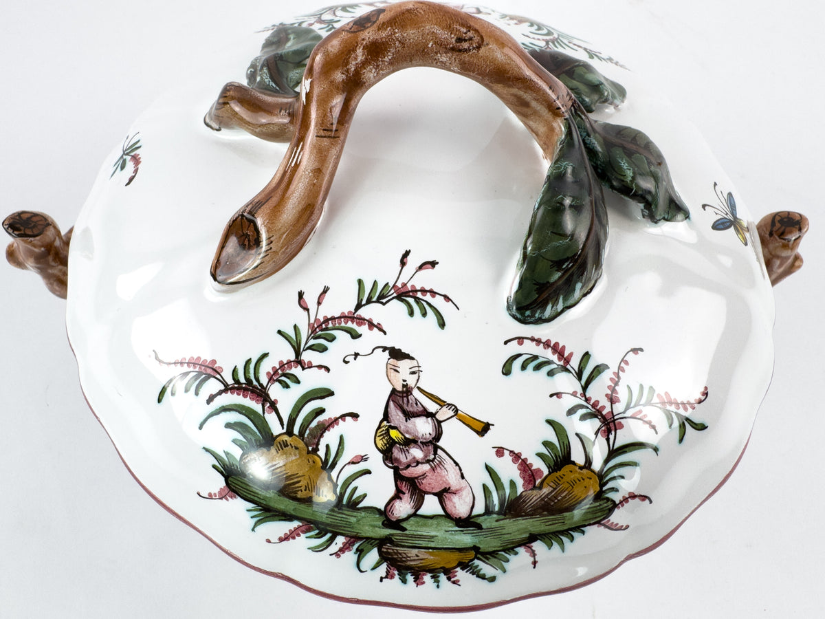 Vintage French Lallier Moustiers Faience Lidded Bowl with Branch Handles