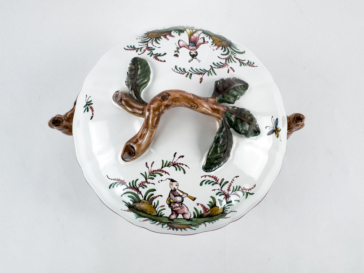 Vintage French Lallier Moustiers Faience Lidded Bowl with Branch Handles