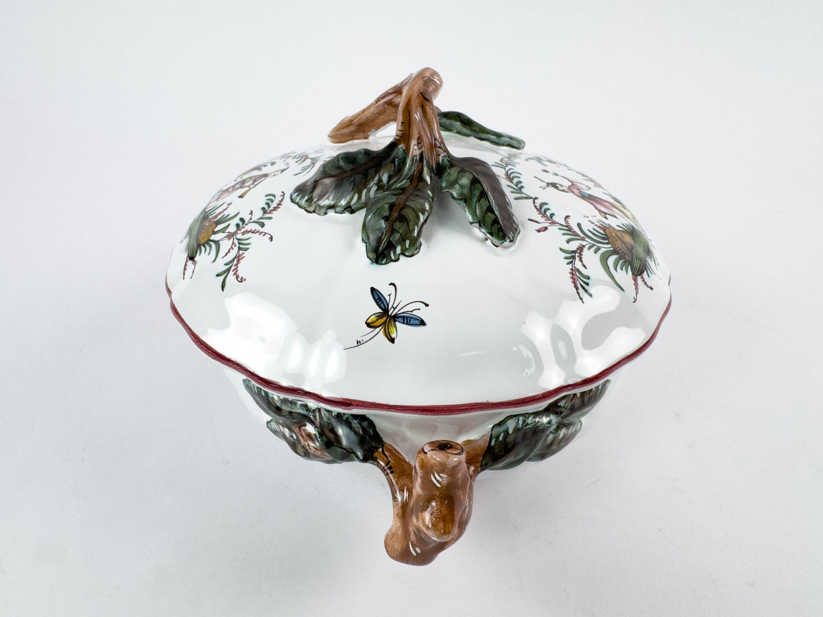 Vintage French Lallier Moustiers Faience Lidded Bowl with Branch Handles