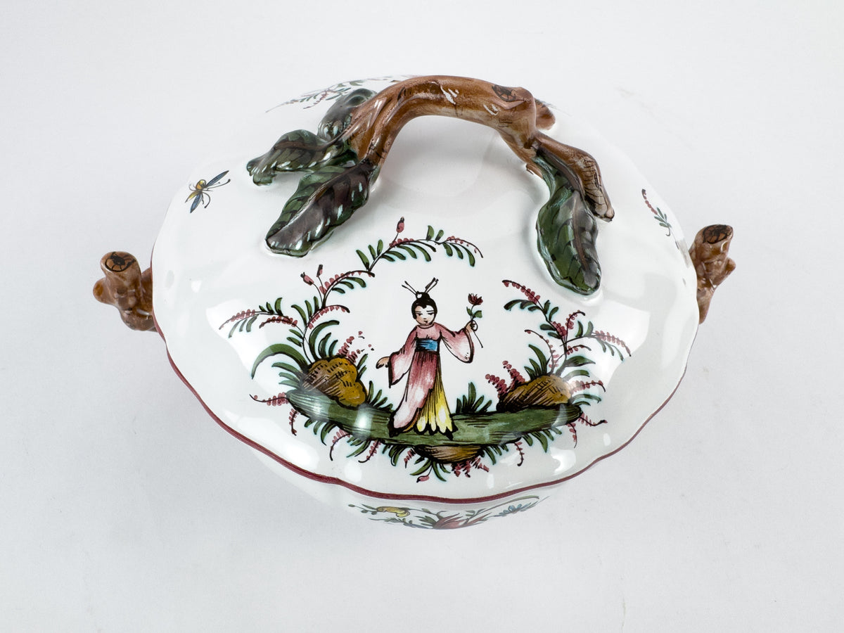 Vintage French Lallier Moustiers Faience Lidded Bowl with Branch Handles