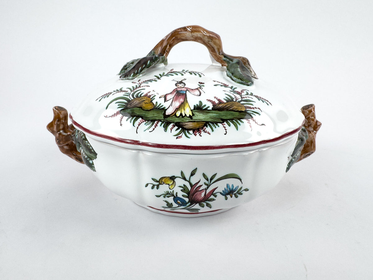 Vintage French Lallier Moustiers Faience Lidded Bowl with Branch Handles