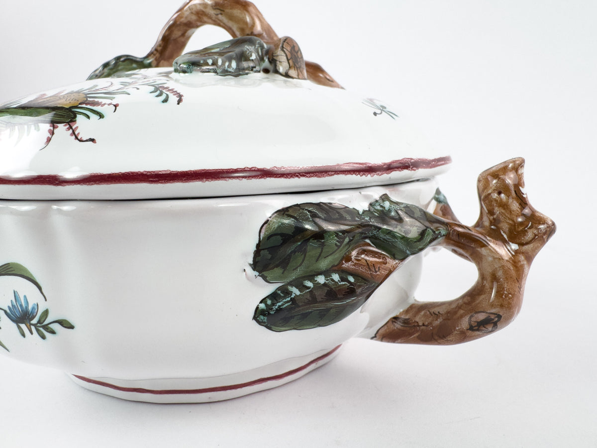 Vintage French Lallier Moustiers Faience Lidded Bowl with Branch Handles