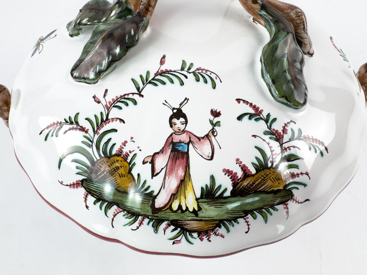 Vintage French Lallier Moustiers Faience Lidded Bowl with Branch Handles
