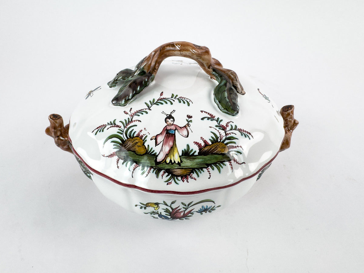 Vintage French Lallier Moustiers Faience Lidded Bowl with Branch Handles