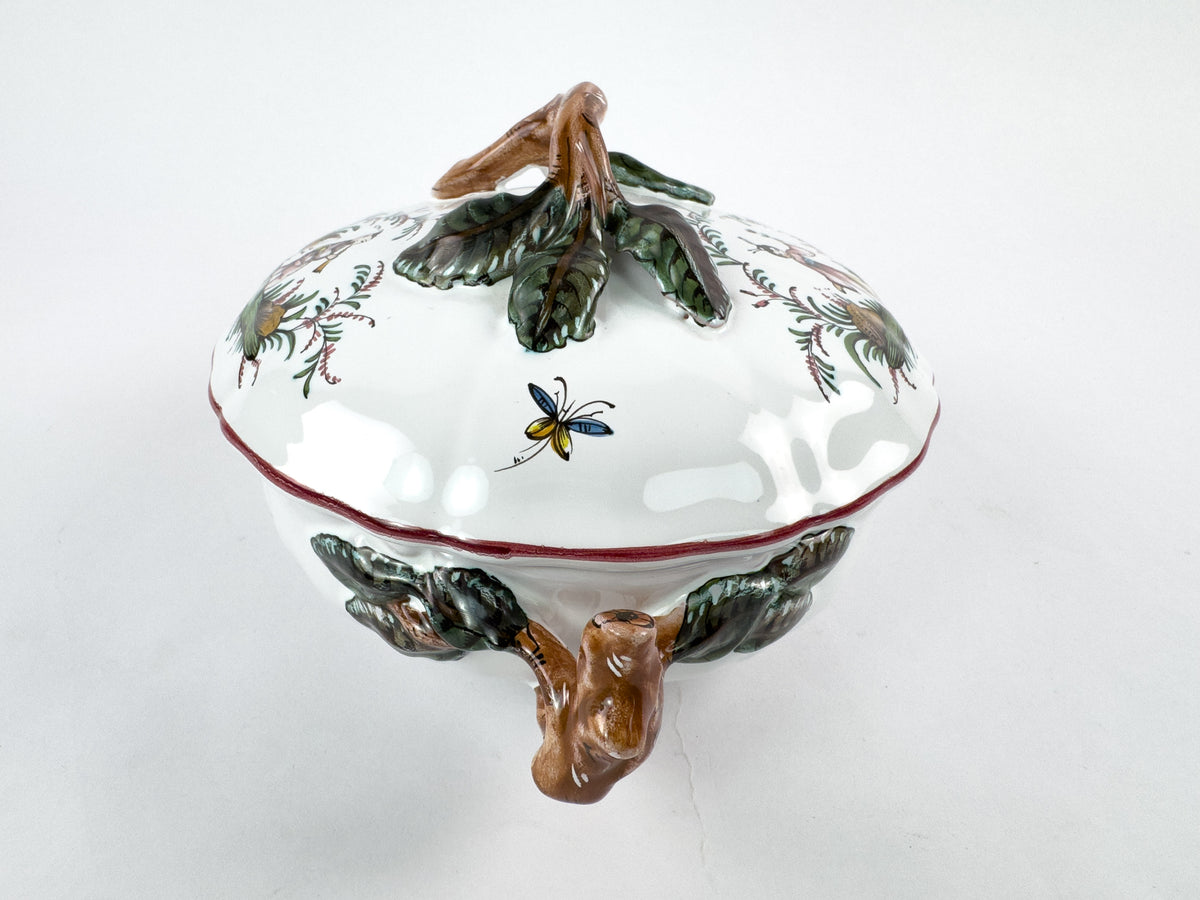 Vintage French Lallier Moustiers Faience Lidded Bowl with Branch Handles